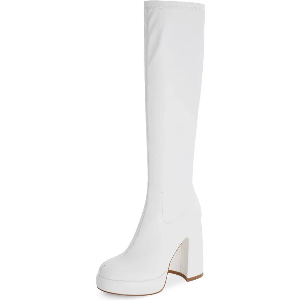 Women's White Platform Knee High Boots Chunky Heel Rounded Toe Zipper